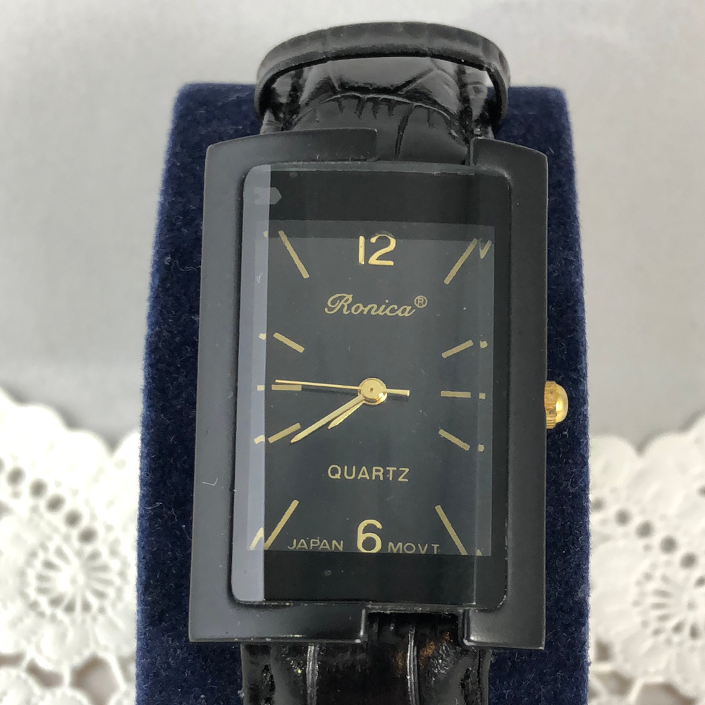 Ronica Beveled Crystal All Black Watch Leather
